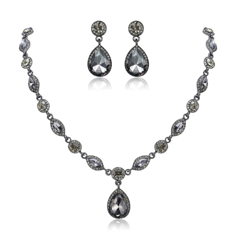 EleQueen Women's Wedding Bridal Jewelry Set for Brides Bridesmaids, Crystal Teardrop Necklace Dangle Earrings Jewellery for Party Prom Grey Color Black-Tone - Image 1
